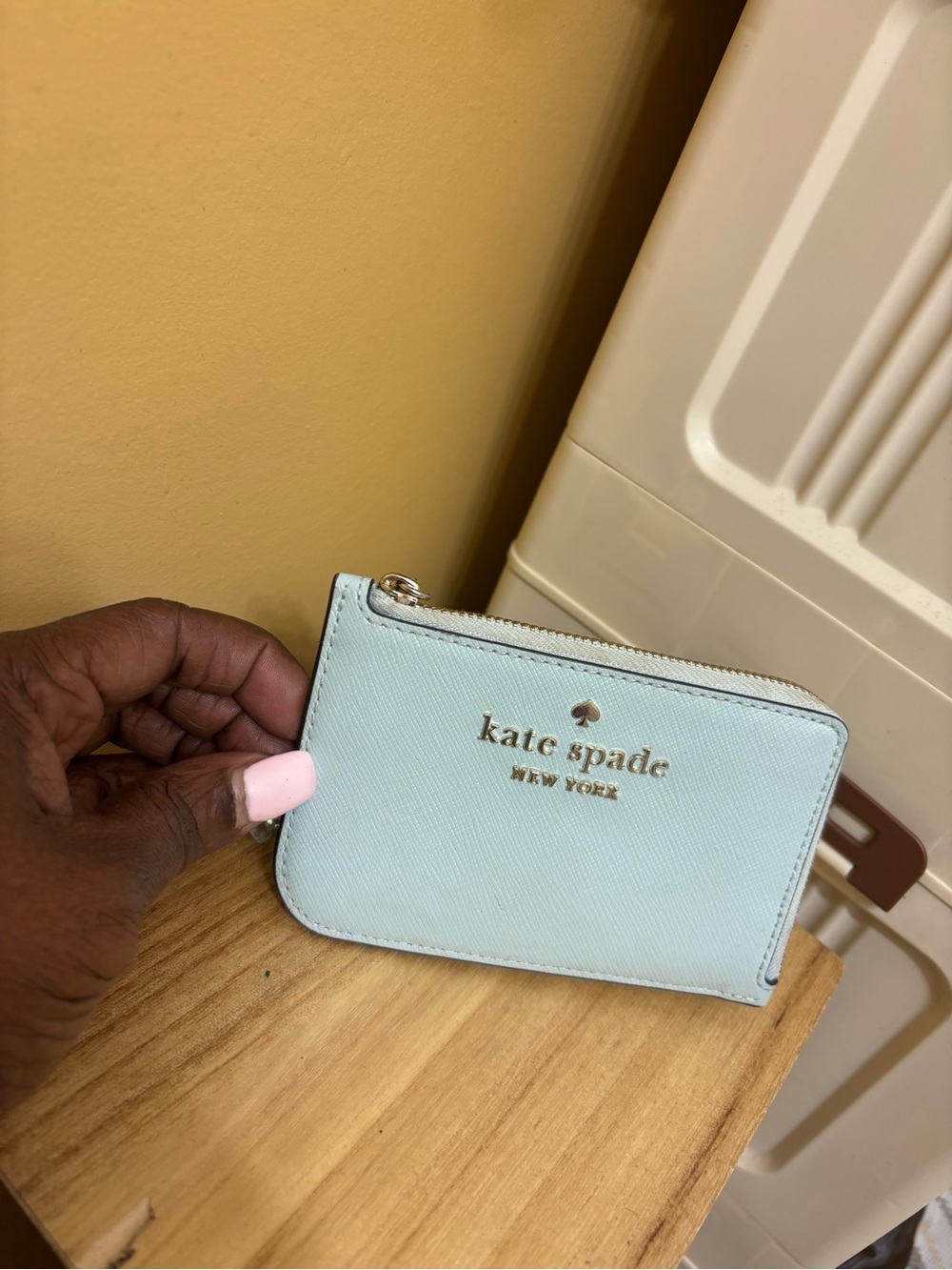 kate spade Pale Blue Zip Card Case with Gold Logo